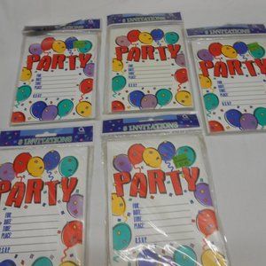 NEW lot 5 packs of 8 each Party Invitations single panel w/ envelopes all occasi